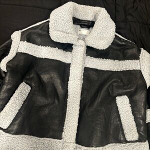 Womens Black Faux Leather Sherpa Trim Jacket